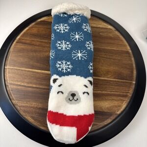 Polar Bear Slipper Socks Women OS Blue White Snowflake Faux Shearling Lined